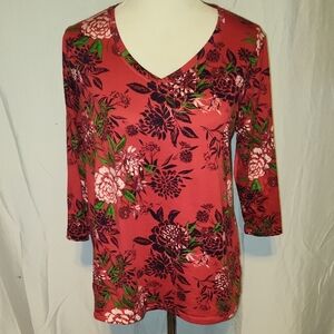 The Pioneer Woman Red Floral Print 3/4 Sleeve V Neck Top Women's Medium